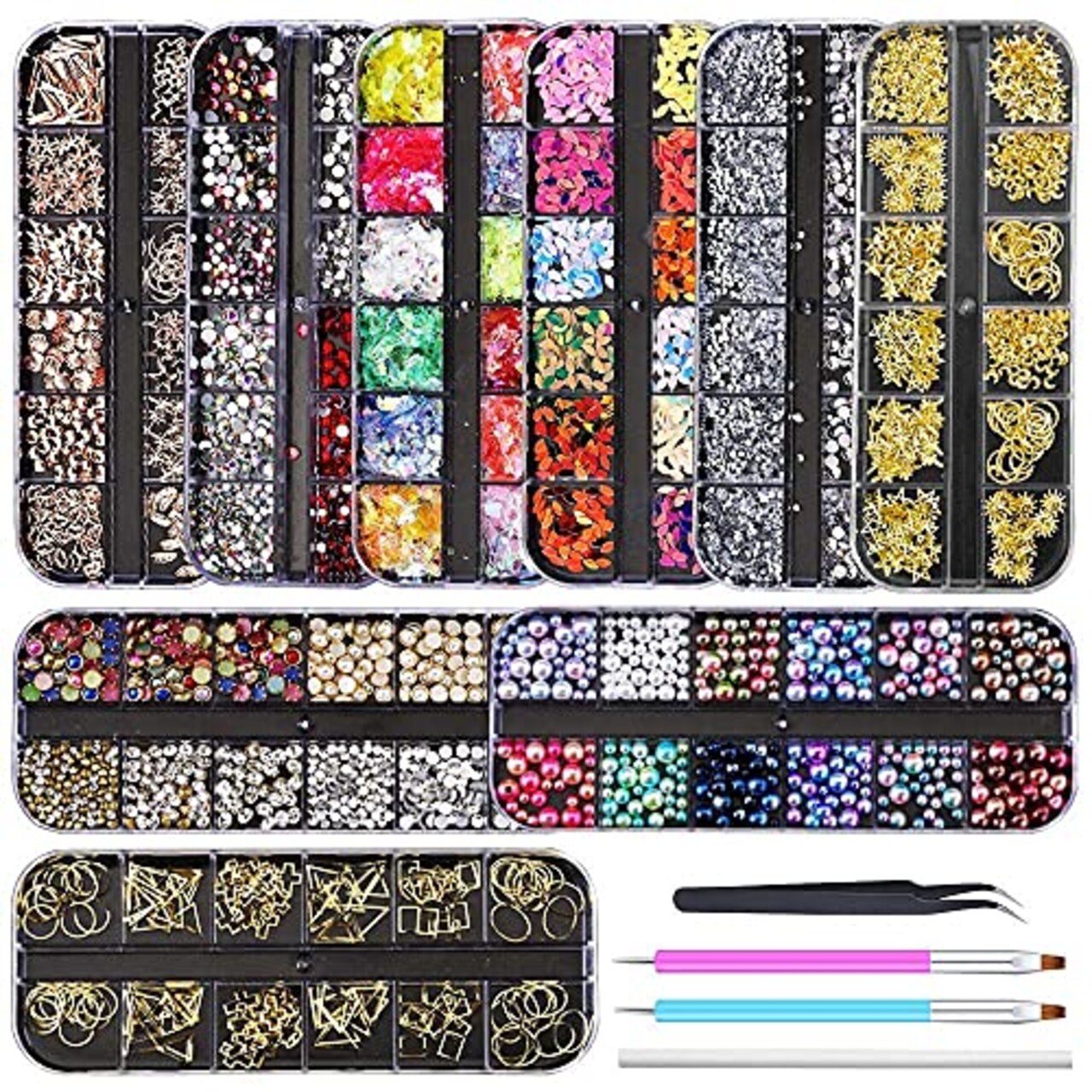 2880 Pieces 9 boxes Nail Rhinestones,Nail Gems Nail Diamonds,Nail Art Studs Nail Crystals Nail Sequins for Nails Kit with 1 Tweezers and 3 Pen for Nail Art Supplies Accessories………